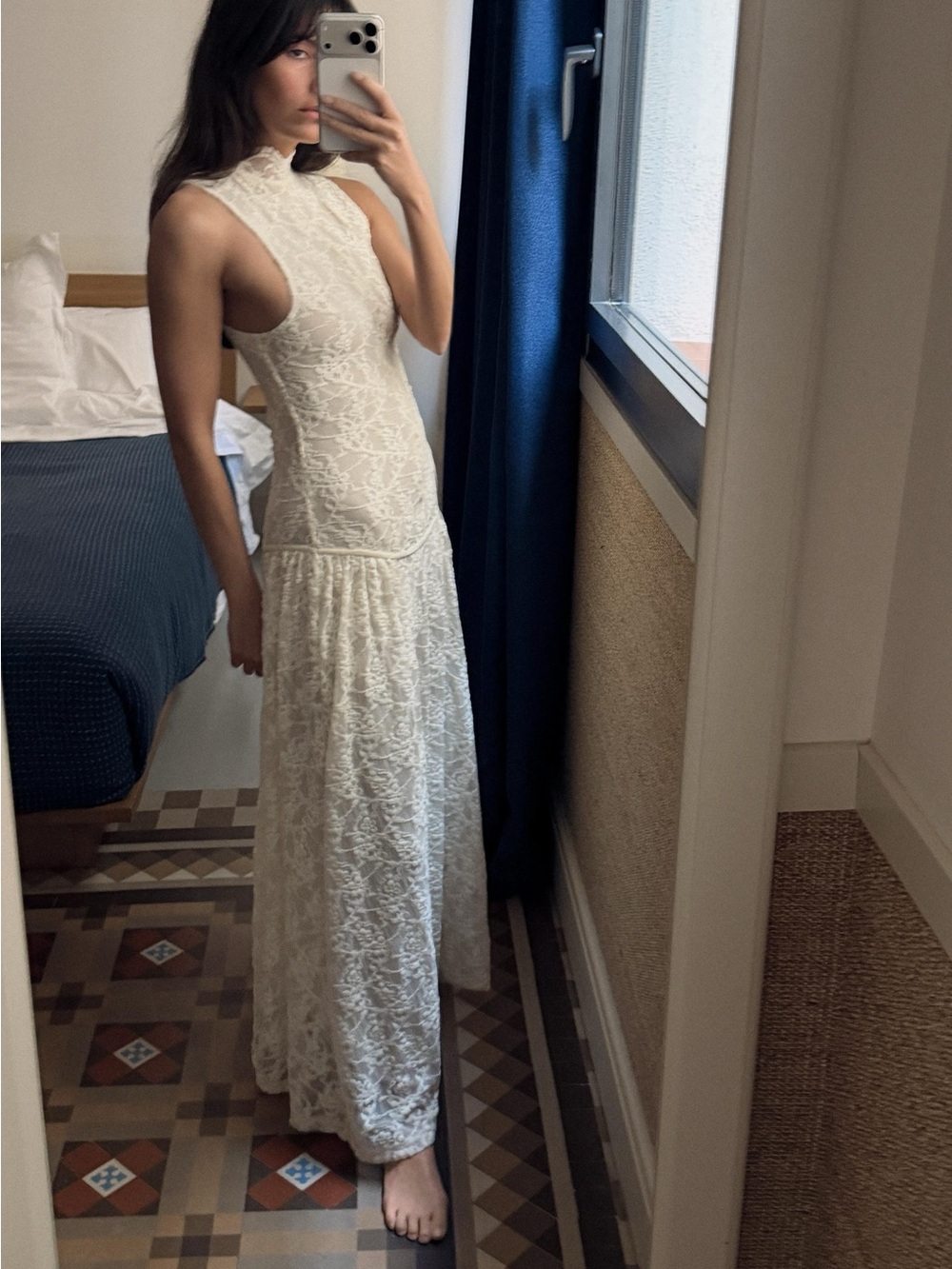 Zara Cream Lace High-Neck Maxi Dress